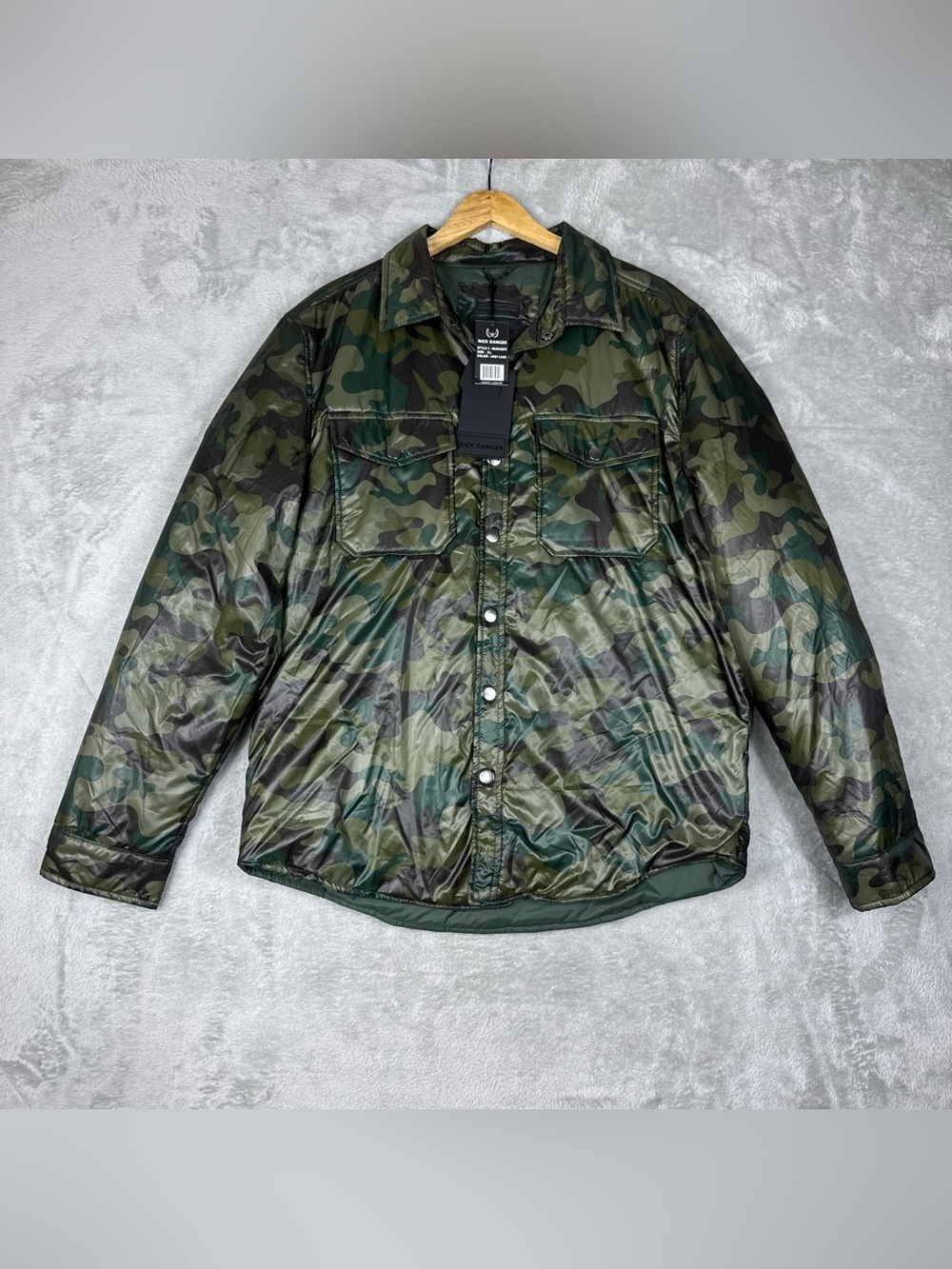 Nick Danger Camo Quilted Snap Front Shirt Jacket XL Army Green Nylon NWT